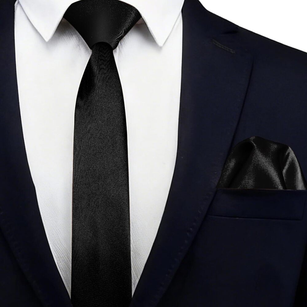 2649 Black Ties Solid Color Satin Necktie Formal Wedding Tie Pocket Square